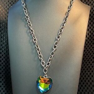 Paparazzi Silver Chain Necklace with Iridescent Heart Pendant (Oil Spill)